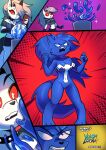 absurd_res blue_body canid canid_demon canine cellphone comic crossover demon duo electronics fangs female hellaverse hellhound helluva_boss hi_res kato777 loona_(helluva_boss) mammal marvel mythological_canine mythological_creature mythology phone red_eyes simple_background teeth venom_(marvel) white_eyes