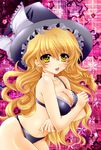  bad_id bad_pixiv_id blonde_hair blush bra braid covering embarrassed fragran0live frills hat highres kirisame_marisa lingerie long_hair panties solo touhou underwear underwear_only witch_hat yellow_eyes 