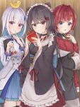  3girls :3 absurdres ange_katrina ange_katrina_(1st_costume) animal_ears animal_on_head apple apron back_bow belt belt_buckle belt_collar bird bird_on_head black_belt black_coat black_kimono black_thighhighs blue_bow blue_hair blue_skirt blunt_bangs bow brown_eyes brown_hair buckle closed_mouth coat collar collared_coat collared_jacket collared_shirt colored_inner_hair commentary contrast_collar contrast_lapels cowboy_shot creature creature_on_shoulder cross-laced_clothes cross-laced_sleeves dog_ears dot_nose flower food frilled_apron frilled_skirt frills fruit gold_buckle green_eyes green_sash hair_flower hair_intakes hair_ornament hairclip hand_on_own_chin hand_on_own_elbow happy hat hetero highres holding holding_food holding_fruit indoors inui_toko inui_toko_(1st_costume) jacket japanese_clothes kimono lace-trimmed_sleeves lace_trim lapels leaf_hair_ornament light_blush lize_helesta lize_helesta_(1st_costume) long_hair long_sleeves loose_hair_strand low_twintails maid maid_headdress medium_skirt miniskirt multicolored_hair multiple_girls nijisanji obi on_head on_shoulder open_clothes open_coat peaked_cap pleated_skirt poe_(528yuzunon) purple_eyes red_bow red_flower red_hair red_jacket red_shirt red_skirt sanbaka_(nijisanji) sash sebastian_piyodore shirt short_kimono skirt sleeve_bow sleeve_cuffs sleeves_past_wrists smile standing strawberry striped_clothes striped_shirt surprised thighhighs tsurime twintails two-tone_hair two-tone_shirt vertical-striped_clothes vertical-striped_shirt very_long_hair virtual_youtuber wa_maid wavy_hair white_apron white_hair white_jacket white_shirt white_skirt wide_sleeves wooden_wall yellow_bird zettai_ryouiki 