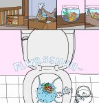 4_fingers anthro bag bowl box buizel comic container duo fingers floor flush flush_vore flushing_toilet flushmutt fur generation_4_pokemon hair hi_res nintendo onomatopoeia orange_body pokemon pokemon_(species) red_hair scared sound_effects text tile tile_floor toilet water