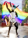 3d_(artwork) anthro backlighting black_body black_fur black_hair black_latex blue_hair c4d cinema_4d_(artwork) city city_background claws clothing collar colored_sclera confetti daytia depth_of_field detailed detailed_fur digital_media_(artwork) fangs feet flag flag_(object) fur fur_markings fur_texture gloves green_eyes hair handwear hi_res holding_flag holding_object krakka latex latex_clothing legwear lgbt_pride lgbt_pride_month light lighting long_tail looking_at_viewer male markings multicolored_hair open_mouth paws pointy_ears pose posed pride_colors rainbow rainbow_flag rainbow_pride_flag rainbow_symbol raised_arm realistic_fur rexouium smile soft_lighting solo standing striped_body striped_fur stripes sunlight tail teeth thigh_highs toes white_body white_fur wristband
