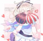  1girl applebell555 black_unitard blush border bow breasts cheerleader closed_eyes commentary_request covered_navel covering_own_mouth facing_viewer female_corrin_(cheer_power)_(fire_emblem) female_corrin_(fire_emblem) fire_emblem fire_emblem_fates fire_emblem_heroes hair_between_eyes hair_bow happy heart highres medium_breasts official_alternate_costume official_alternate_hairstyle outside_border pink_background pleated_skirt pointy_ears pom_pom_(cheerleading) ponytail shirt simple_background skirt solo white_border white_shirt white_skirt 