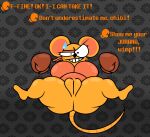 2026 anthro big_ears blush bodily_fluids boxing_gloves clothing deltarune dialogue digital_media_(artwork) elemental_creature english_text female floating_hands flora_fauna genitals handwear hi_res inviting_to_sex inviting_viewer looking_at_viewer lying mammal mouse murid murine on_back orange_(deltarune) orange_body overweight plant rodent seven_flowers simple_background skeletonhearts solo spread_legs spreading sweat sweatdrop tail text undertale_(series) vulva