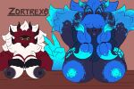 3:2 4_arms absurd_res anthro areola bangs big_areola big_breasts black_body black_hands black_lips blotchy_areola blue_body blue_hair blue_lips breast_size_difference breasts caecilia_(zortrex) covered_eyes dark_areola dark_nipples dragon duo female fluffy freckles fur furred_dragon furred_scalie hair hair_over_eye hi_res horn lips mane multi_arm multi_limb myceelidos_(zortrex) mythological_creature mythological_scalie mythology nipple_dip raised_arm red_body scalie shadelyn_(zortrex) size_difference white_body white_hair zortrex