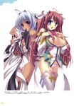  2girls absurdres bare_shoulders blue_eyes blue_hair blush bra breasts copyright_name crossover dark_skin garter_belt hair_ornament headdress highres katagiri_hinata koihime_musou large_breasts legs lingerie long_hair luiana_drawers multiple_girls nipples official_art open_clothes open_mouth open_shirt panties red_eyes red_hair ryuubi shin_koihime_musou shirt thighhighs thighs underwear yatsuha_kanan zettai_maou 