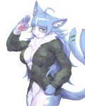 2024 4:5 5_fingers anthro biped blue_body blue_fur blue_hair blue_inner_ear bottomless bottomless_anthro bottomless_female breasts camo camo_clothing camo_print camo_topwear captainjohkid claws cleavage closed_smile clothed clothed_anthro clothed_female clothing countershade_face countershade_fur countershade_hands countershade_legs countershade_neck countershade_torso countershading crossgender digital_drawing_(artwork) digital_media_(artwork) felid female finger_claws fingerpads fingers forked_tail front_view fur gesture green_clothing green_jacket green_topwear hair heterochromia hi_res inner_ear_fluff jacket jacket_only japan_air_self-defense_force long_hair looking_at_viewer mammal mouth_closed mtf_crossgender multicolored_body multicolored_fur neck_tuft omaneko_(jasdf) orange_eyes pattern_clothing pattern_topwear pawpads pink_pawpads pockets portrait pose pupils salute simple_background slit_pupils smile smiling_at_viewer solo tail three-quarter_portrait topwear topwear_only tuft two_tone_body two_tone_fur unusual_anatomy unusual_tail white_background white_body white_countershading white_inner_ear_fluff white_sclera yellow_eyes