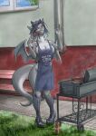 2026 5_fingers absurd_res anthro apron apron_only barbecue big_breasts biped blue_hair boots breasts clothed clothing detailed_background dragon european_mythology ewgengster female fingers footwear grass grey_body grey_scales hair hi_res horn leigh leigh_(j_axer) membrane_(anatomy) membranous_wings mythological_creature mythological_scalie mythology non-mammal_breasts outside partially_clothed plant purple_eyes scales scalie shoes side_boob solo thick_thighs traditional_media_(artwork) western_dragon white_hair wide_hips wings