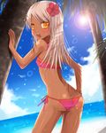  against_tree ass bad_id bad_pixiv_id beach bikini blonde_hair butt_crack dark_skin day flat_chest hand_on_hip kay_(utd) lens_flare long_hair looking_back orange_eyes original palm_tree pointy_ears solo sun swimsuit tree wet 