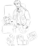  1girl 2021 absurdres child child's_drawing closed_eyes commentary father_and_child father_and_daughter highres jacket james_sunderland laura_(silent_hill) monochrome ninelhepx overalls parent_and_child ponytail refrigerator silent_hill_(series) silent_hill_2 sketch smile stove 
