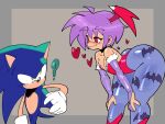 2026 4:3 absurd_res anthro armwear ass_up bat_print bent_over big_butt blue_body blue_hair blush breasts bridal_gauntlets butt capcom choker cleavage clothed clothing confusion crossover darkstalkers digital_drawing_(artwork) digital_media_(artwork) duo eulipotyphlan eye_contact eyebrow_through_hair eyebrows eyelashes female gloves green_eyes grey_background gt_animates hair hands_on_legs handwear head_wings heart_symbol hedgehog hi_res humanoid jewelry larger_female larger_humanoid leggings legwear leotard light_body light_skin lilith_aensland looking_at_another looking_back looking_back_at_another love male male/female mammal necklace pear-shaped_figure purple_hair question_mark red_eyes sega short_hair short_tail simple_background size_difference small_breasts smaller_anthro smaller_male smile smiling_at_another sonic_the_hedgehog sonic_the_hedgehog_(series) standing succubus tail thick_thighs tight_clothing translucent translucent_hair unusual_wing_placement wide_hips wings