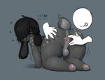 all_fours anthro anus artist_name balls black_ears black_hair bodily_fluids butt butt_grab disembodied_hand disembodied_head duo eyes_closed femboy floppy_ears fur genitals grey_background grey_body grey_fur hair hand_on_butt lagomorph leporid lonely_cri looking_back lop_ears male mammal markings nude nude_anthro obese overweight rabbit rear_view scut_tail shaking short_tail simple_background spots spotted_body spotted_fur spread_anus spreading sweat tail text tongue trembling