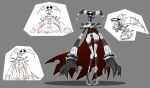 big_arms big_breasts big_hands black_sclera blightedhelix bracelet breasts cape cleavage clothed clothing collar cross_pupils eyelashes female footwear front_view grey_background grey_body hi_res high_heels humanoid jewelry long_arms monster noseless red_eyes shoes simple_background skinny_female skinny_humanoid small_waist solo spiked_bracelet spiked_collar spikes thick_thighs wide_hips
