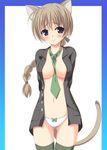  animal_ears asa_no_ha blue_eyes blush braid breasts brown_eyes cat_ears long_hair lynette_bishop medium_breasts necktie no_bra open_clothes open_shirt panties shirt single_braid solo strike_witches tail thighhighs underwear world_witches_series 