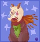 2_horns anthro black_sleeves bovid caprine clothed clothed_anthro clothing cosmic_logem darkner deltarune eyewear floppy_ears fully_clothed fully_clothed_anthro fur glasses goat green_clothing green_eyewear green_glasses green_topwear half-length_portrait heart_clothing heart_symbol hi_res horn lop_ears male mammal open_mouth pink_eyes portrait ralsei scarf solo topwear undertale_(series) white_body white_fur
