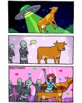 4:5 alien alien_abduction beetlemoses bikini black_eyes blue_bikini blue_clothing blue_swimwear bovid bovine cattle cellphone clothing comic electronics ellipsis flying_saucer grey_body grey_skin hair hi_res humanoid jumpsuit laugh mammal meme night not_furry party phone plant red_hair roswell_grey shush stripper surprised swimwear tractor_beam tree two-piece_swimsuit
