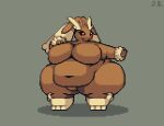 2023 anthro belly big_belly big_breasts big_ears black_sclera breasts brown_body digital_media_(artwork) featureless_breasts featureless_crotch female full-length_portrait generation_4_pokemon grey_background huge_breasts huge_hips huge_thighs jellybru lagomorph lopunny mammal navel nintendo obese obese_anthro obese_female overweight overweight_anthro overweight_female pixel_(artwork) pokemon pokemon_(species) portrait pose red_eyes signature simple_background smile solo standing thick_thighs wide_hips