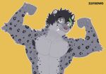 anthro armpit_hair black_hair body_hair eyewear fangs felid fluffy fur glasses grey_body grey_fur hair hi_res male mammal muscular pantherine smile snow_leopard solo teeth wearing_glasses yellow_eyes zaykowo