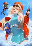  1girl :d ;d absurdres adeptus_astartes apple apple_(reverse:1999) aqua_dress aqua_neckerchief bare_shoulders belt beret black_bow black_bowtie blue_helmet blue_sky bottle bow bowtie breasts brown_hair cloud commentary cowboy_shot day dress english_commentary eyewear_on_head food fruit hat helmet highres holding holding_bottle holding_unworn_helmet jacket jorgenswagger looking_at_viewer mask neckerchief off_shoulder one_eye_closed open_clothes open_jacket open_mouth orange_eyes red_hat red_jacket regulus_(reverse:1999) reverse:1999 short_dress short_hair sideboob skull_mask sky smile soda_bottle solo sunglasses teeth traditional_bowtie unworn_headwear unworn_helmet upper_teeth_only wading warhammer_40k water white_belt 