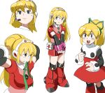  1girl android armored_boots artist_name black_sleeves blonde_hair blue_eyes blush boots breasts capelet character_name chest_jewel commentary_request dress first_aid_kit full_body green_ribbon hair_between_eyes hair_ribbon hands_on_own_hips headset heart high_ponytail holding_own_hand joints knee_boots lineart long_hair long_sleeves looking_at_viewer mechanical_boots medium_breasts mega_man_(classic) mega_man_(series) multiple_views open_mouth petticoat pointing pointing_at_viewer ponytail raised_eyebrows red_boots red_dress ribbon robot_girl robot_joints roll_(mega_man) short_dress sidelocks simple_background solo teeth turtleneck tying_hair unknown_showhey upper_teeth_only white_background white_capelet wide_sleeves 