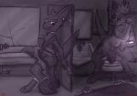 2023 4_fingers anthro bathroom blush bone bones_in_feces bra breasts broken_mirror clothed clothing disposal duo ear_piercing eyebrows feces female fingers fur hi_res inside kangaroo macropod mammal marsupial mirror partially_clothed piercing pooping pooping_on_floor red_text scottglass sibling_(lore) sink sister_(lore) sisters_(lore) skull tail text toilet underwear year