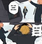  1boy 2girls black_dress black_hair black_necktie blonde_hair bound bound_arms car car_trunk chainsaw_man cloth_gag commentary crosshair_pupils demon demon_horns denji_(chainsaw_man) dress english_commentary eyepatch gag gagged grand_theft_auto grand_theft_auto_v hair_over_eyes highres horns improvised_gag in_trunk motor_vehicle multiple_girls necktie opening_door over_the_mouth_gag parody pingtsi_(chainsaw_man) power_(chainsaw_man) red_horns rinneko_art rope scene_reference shirt speech_bubble sports_utility_vehicle white_shirt yellow_eyes 