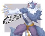 2024 5:4 5_fingers 5_toes abs action_pose amber_eyes anthro barefoot belt biped blue_body blue_fur bodily_fluids border bottomwear brown_background canid capcom captainjohkid claws clothed clothed_anthro clothed_male clothing darkstalkers digital_drawing_(artwork) digital_media_(artwork) english_text eyebrows feet finger_claws fingers fluffy fluffy_tail front_view fur gums hi_res jon_talbain male mammal multicolored_body multicolored_fur muscular muscular_anthro muscular_male navel obliques pants pecs pointy_ears portrait pose pupils purple_bottomwear purple_clothing purple_inner_ear purple_pants red_tongue saliva simple_background slit_pupils snout solo tail teeth text thick_eyebrows three-quarter_portrait toe_claws toes tongue tongue_showing two_tone_body two_tone_fur white_border white_sclera yellow_belt yellow_claws