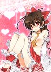  ascot bad_id bad_pixiv_id between_breasts bow breasts brown_hair clothes_between_breasts detached_sleeves hair_bow hakurei_reimu kiaki large_breasts nipples red_eyes short_hair solo topless touhou 