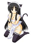  akiyama_mio animal_ears apron asu black_hair black_legwear blush breast_hold breasts cat_ears cleavage k-on! kneeling large_breasts long_hair looking_at_viewer maid maid_headdress naked_apron no_shoes panties panty_pull simple_background solo tail thighhighs underwear undressing white_background 