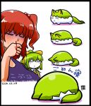  2girls black_border blood blush border bow closed_eyes closed_mouth colored_skin commentary_request cookie_(touhou) daiyousei dated diyusi_(cookie) green_hair grey_background hair_bobbles hair_bow hair_ornament highres itini-sanshi multiple_girls nosebleed onozuka_komachi red_hair shishou_(cookie) short_hair sukusuku_hakutaku touhou translation_request two_side_up upper_body white_skin yellow_bow 