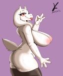 2024 2_horns 4_fingers absurd_res anthro areola big_breasts biped blep blush blush_lines bodily_fluids boss_monster_(undertale) bovid breasts brown_clothing brown_legwear brown_thigh_highs butt caprine closed_smile clothing dated digital_drawing_(artwork) digital_media_(artwork) eyebrows eyelashes female female_anthro fingers floppy_ears fur gesture glistening glistening_breasts glistening_eyes hand_gesture hi_res horn killer._ez legwear legwear_only looking_at_viewer lop_ears mammal mostly_nude mostly_nude_anthro mostly_nude_female mouth_closed nipples ok_sign pink_areola pink_nipples purple_background red_eyes signature simple_background smile smiling_at_viewer solo standing sweat sweaty_body sweaty_breasts sweaty_butt tail thigh_highs thigh_highs_only tongue tongue_out toriel undertale_(series) white_body white_eyebrows white_fur white_horn white_tail