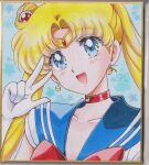  1girl :d bishoujo_senshi_sailor_moon blonde_hair blue_background blue_eyes blue_sailor_collar bow chikoto_(kztc4472) choker circlet collarbone commentary crescent crescent_choker crescent_earrings curtained_hair double_bun earrings floral_background gem gloves gold_circlet hair_bun hair_ornament hand_up highres jewelry leotard lone_nape_hair long_hair looking_at_viewer magical_girl open_mouth parted_bangs photo_(medium) picture_frame portrait red_bow red_choker red_gem sailor_collar sailor_moon sailor_senshi_uniform short_sleeves simple_background smile solo traditional_media tsukino_usagi twintails w white_gloves white_leotard 