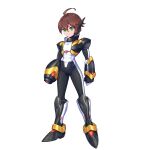  1boy absurdres adapted_costume ahoge alternate_color alternate_costume arm_cannon armor armored_boots body_armor bodysuit boots brown_hair commission commissioner_upload covered_abs covered_navel full_body gauntlets gloves green_eyes highres kiauwrenn knee_armor knee_boots male_focus mechanical_ears mega_man_(series) mega_man_x_(series) mega_man_zero_(series) missing_headwear non-web_source shoulder_armor solo transparent_background weapon x_(mega_man) 