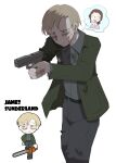  1boy 1girl 2025 aiming blonde_hair blood blood_on_clothes blood_on_face blood_on_hand chainsaw chibi commentary_request green_jacket gun handgun holding holding_gun holding_weapon husband_and_wife jacket james_sunderland kuso_500t mary_shepherd-sunderland open_mouth silent_hill_(series) silent_hill_2 simple_background smile weapon white_background 