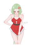  1girl alternate_costume anger_vein ashimi_fugo bare_shoulders belt black_belt blue_eyes blush breasts collarbone commentary_request cowboy_shot dress embarrassed green_hair highres isolde_(zenless_zone_zero) large_breasts long_hair mole mole_on_cheek mole_under_eye red_dress santa_costume santa_dress simple_background sleeveless solo thighs white_background zenless_zone_zero 