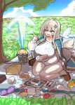  1girl apple bandaid bandaid_on_knee bandaid_on_leg blonde_hair blue_cape blue_eyes blue_sky blush breasts cake cape chopsticks cleavage cloud commentary crying crying_with_eyes_open cup day eating flower food fruit grapes grass hair_ornament highres holding holding_chopsticks holding_food holding_plate kim_aendeo korean_commentary large_breasts long_hair long_sleeves open_mouth orange_(fruit) outdoors pineapple plate seiza shasha_(trickcal) shell shell_hair_ornament shirt sitting sky smile solo sparkle_hair_ornament strawberry sweat tears thighs tongue tree trickcal utensil very_long_hair 