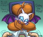 anthro bat bedroom_eyes big_breasts big_butt blue_eyeshadow blush breaking_the_fourth_wall breast_squish breasts brown_body butt controller dialogue dreamcast_controller english_text eyelashes eyeshadow female game_controller green_eyes huge_breasts looking_at_viewer makeup mammal membrane_(anatomy) membranous_wings narrowed_eyes nude rouge_the_bat seductive sega sega_controller sega_dreamcast shadowwalk short_tail sonic_the_hedgehog_(series) squish tail tan_body text wings