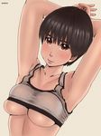  armpits arms_up ayumu_(zenkou) black_hair bra breasts brown_eyes dated grey_bra large_breasts looking_at_viewer original shirt_lift short_hair simple_background smile solo sports_bra underboob underwear upper_body yellow_background zenkou 