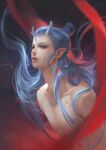  1boy ao_bing_(nezha_zhi_motong_jiangshi) blue_eyes blue_hair closed_mouth commentary_request dragon_horns eyelashes facial_mark floating_hair forehead_mark horns ji_su long_hair looking_ahead male_focus nezha_zhi_motong_jiangshi nude pointy_ears ponytail realistic red_ribbon ribbon solo very_long_hair 