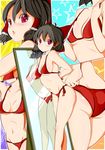  arms_behind_back ass bad_id bad_pixiv_id bikini black_hair bow breasts close-up duplicate hair_bow hakurei_reimu lips medium_breasts mirror red_bikini red_eyes reri short_hair side-tie_bikini swimsuit touhou 