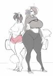 absurd_res ailurid anthro bag big_breasts blue_eyes bottomwear breasts canid canine canis clothed clothing curvy_figure digital_drawing_(artwork) digital_media_(artwork) domestic_dog duo eyewear feet female glasses hair hi_res hotpants huge_breasts inu-sama kela_(inu-sama) leggings legwear long_hair mammal midriff pants ponytail red_panda ruth_failla_thomas_(inu-sama) shorts standing stirrup_legwear tail thick_thighs toes topwear unfinished voluptuous wide_hips yoga_pants