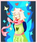 2024 2_horns anthro black_sleeves blush border bovid caprine clothed clothed_anthro clothing cosmic_logem deltarune eyewear floppy_ears fully_clothed fully_clothed_anthro fur glasses goat green_clothing green_eyewear green_glasses green_robe half-length_portrait heart_clothing heart_symbol hi_res horn lop_ears male mammal pink_border pink_horn pink_scarf portrait ralsei robe scarf solo undertale_(series) white_body white_fur