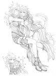  ^_^ closed_eyes cloud_strife coat final_fantasy final_fantasy_vii final_fantasy_vii_advent_children fusion_swords genderswap genderswap_(mtf) greyscale heart hug legs long_hair monochrome multiple_girls personification shinzui_(fantasysky7) sketch smile spiked_hair translation_request twintails very_long_hair 