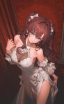 1girl absurdres ahoge bare_shoulders blue_eyes bow bracelet breasts brown_hair closed_mouth collarbone commentary detached_sleeves dress earrings hair_between_eyes hair_bow highres ichinose_shiki idolmaster idolmaster_cinderella_girls indoors jewelry lips long_hair looking_at_viewer pearl_bracelet pearl_earrings qingli_ye see-through_clothes solo two_side_up wavy_hair white_bow white_dress 