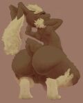 anthro balls big_balls big_butt biped black_sclera brown_body brown_fur bubble_butt butt colored cotton_tail crouching digital_media_(artwork) digital_painting_(artwork) digitigrade erection fluffy_balls full-length_portrait fur generation_4_pokemon genitals hands_behind_head huge_butt looking_at_viewer looking_back looking_back_at_viewer lopunny male male_anthro morbiddevotion nintendo painting_(artwork) penis pink_background pokemon pokemon_(species) portrait rear_view red_eyes shaded short_tail simple_background smile smiling_at_viewer solo tail tan_body tan_fur whiskers