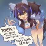  1girl absurdres animal_ears asymmetrical_hair bare_legs bead_necklace beads belt bent_over blue_shorts brown_hair commentary cutoffs daitaku_helios_(casual)_(umamusume) daitaku_helios_(umamusume) denim denim_shorts ear_covers english_commentary english_text fang feet_out_of_frame hair_between_eyes hair_ornament hair_over_shoulder hairclip hand_on_own_hip hand_up highres horse_ears horse_girl horse_tail jewelry layered_sleeves long_hair long_sleeves looking_at_viewer meme multicolored_hair necklace official_alternate_costume ok_sign open_mouth orange_belt purple_hair raised_eyebrows shirt short_over_long_sleeves short_shorts short_sleeves shorts skin_fang sleeves_past_wrists smile solo standing tail torn_clothes torn_shorts touch_grass_(meme) trembling_hands_art two-tone_hair umamusume yellow_eyes 