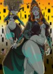 armor big_breasts black_body blue_markings breasts duo eyelashes eyeshadow featureless_breasts female front_view grey_body hair headgear helmet hi_res humanoid humanoid_pointy_ears imp laveerie lipstick looking_at_viewer madam_stiletto makeup markings midna midna_(true_form) narrowed_eyes navel nintendo one_eye_obstructed orange_hair pointy_ears purple_eyeshadow purple_lipstick red_eyes shortstack size_difference small_breasts snaggle_tooth the_legend_of_zelda thick_thighs twili twilight_princess wide_hips yellow_sclera