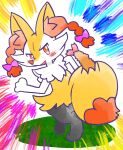 2024 accessory ambiguous_anthro ambiguous_gender annyui0611 anthro biped blush blush_stickers bow_ribbon braided_hair braixen canid digital_drawing_(artwork) digital_media_(artwork) digitigrade dipstick_tail food full-length_portrait generation_6_pokemon hair hair_accessory hair_bow hair_ribbon hi_res japanese_description looking_at_viewer looking_back looking_back_at_viewer mammal markings nintendo no_pupils object_in_tail open_mouth open_smile pokemon pokemon_(species) portrait rear_view ribbons shrimp_(food) smile snout solo tail tail_markings three-quarter_view translated_description walking