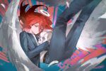  1boy angel_devil_(chainsaw_man) angel_wings black_jacket black_necktie black_pants chainsaw_man closed_mouth commentary feet_out_of_frame glowing glowing_halo hair_between_eyes halo highres holding holding_skull jacket legs_up long_sleeves male_focus necktie pants red_eyes red_hair shirt skull solo suit suit_jacket traditional_halo white_shirt white_wings wings you_yeyou0904 