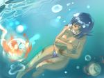  ayuhara_natsu bad_id bad_pixiv_id bikini blue_hair breast_hold breasts bruise bubble closed_eyes covering fire injury justice_gakuen solo sundowner swimsuit topless underwater volleyball 