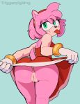 absurd_res accessory amy_rose anthro anus bedroom_eyes bracelet butt clothed clothing clothing_lift dress dress_lift eulipotyphlan female flashing_butt fur genitals gloves green_eyes hair hair_accessory hairband handwear hedgehog hi_res jewelry looking_back mammal narrowed_eyes no_underwear pink_body pink_fur playful seductive sega short_hair simple_background smile smirk solo sonic_the_hedgehog_(series) tail teal_background tongue tongue_out triggerpigart vulva